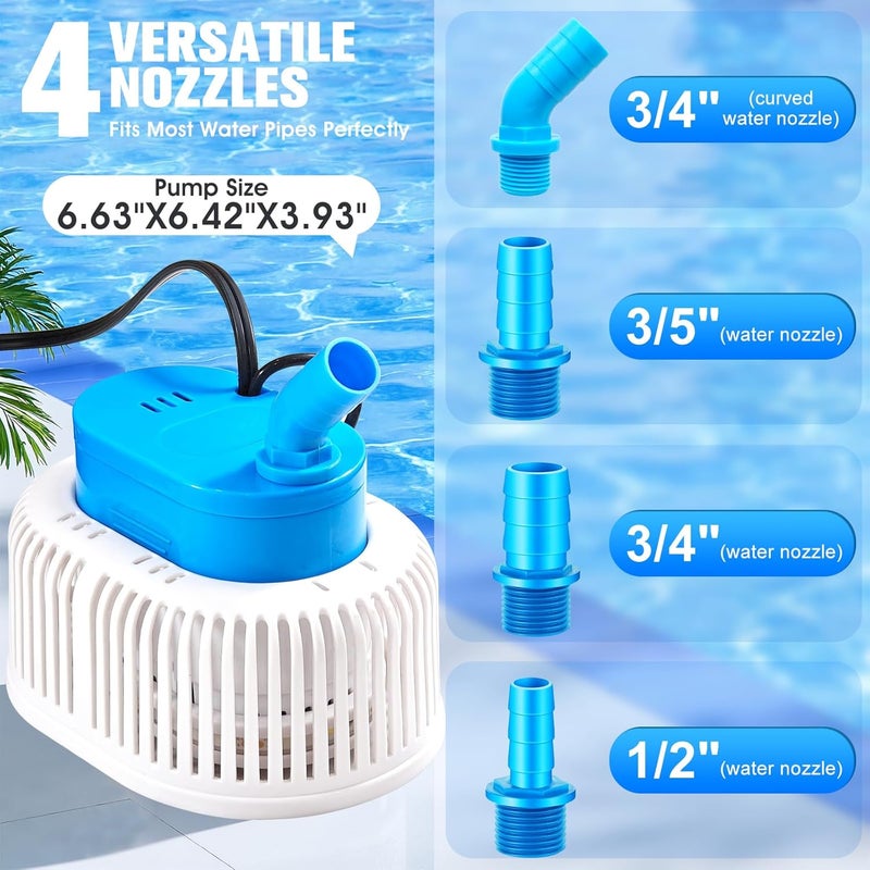 CoolPump Pool Cover Pump with Lights, Above Ground Sump Pump Submersible, Sump Pumps for Pool Draining, Water Removal Pumps with 16ft Drainage Hose & 25 ft Extra Long Power Cord,850 GPH,4 Adapters-Light Blue - Image 3